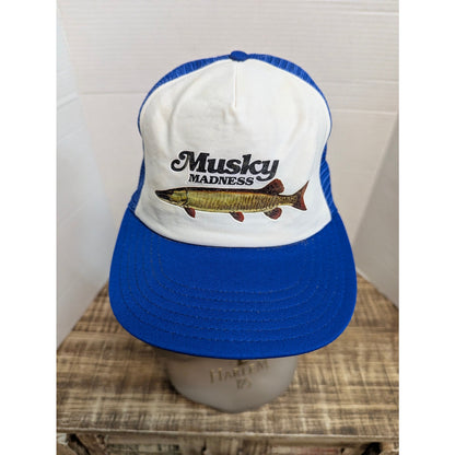 Vintage Musky Madness Blue White Trucker Snapback Baseball Cap Hat Y2K