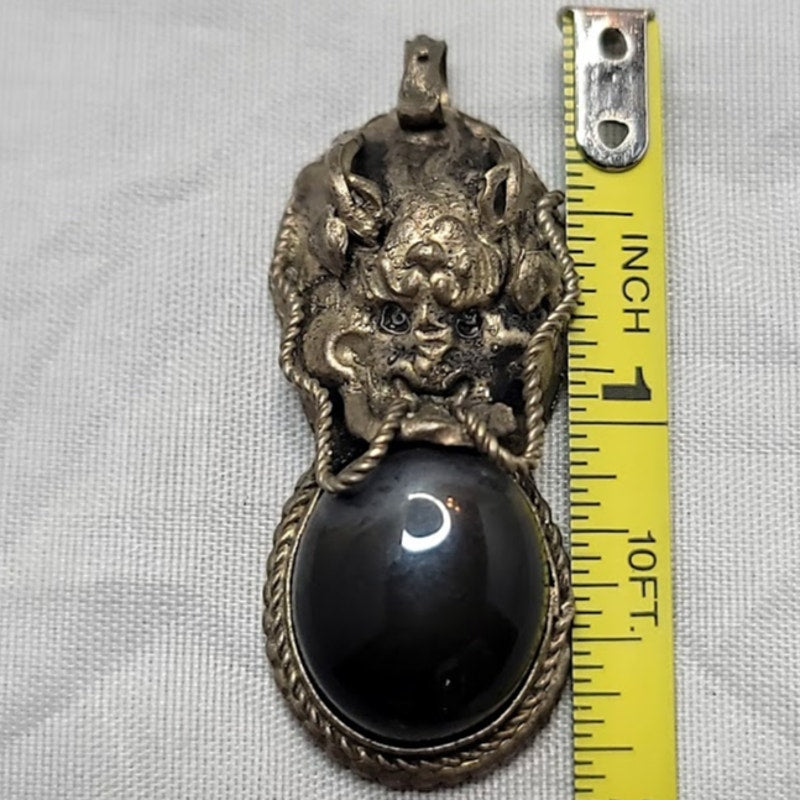 Silver and Onyx Dragon head Amulet Pendant Costume Jewely 2"