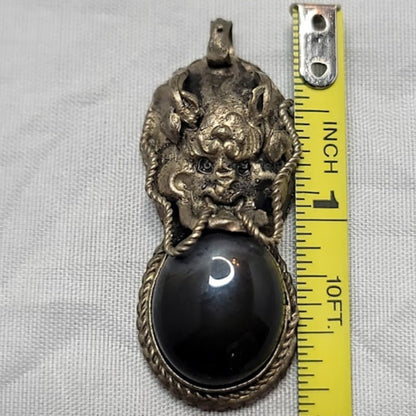 Silver and Onyx Dragon head Amulet Pendant Costume Jewely 2"