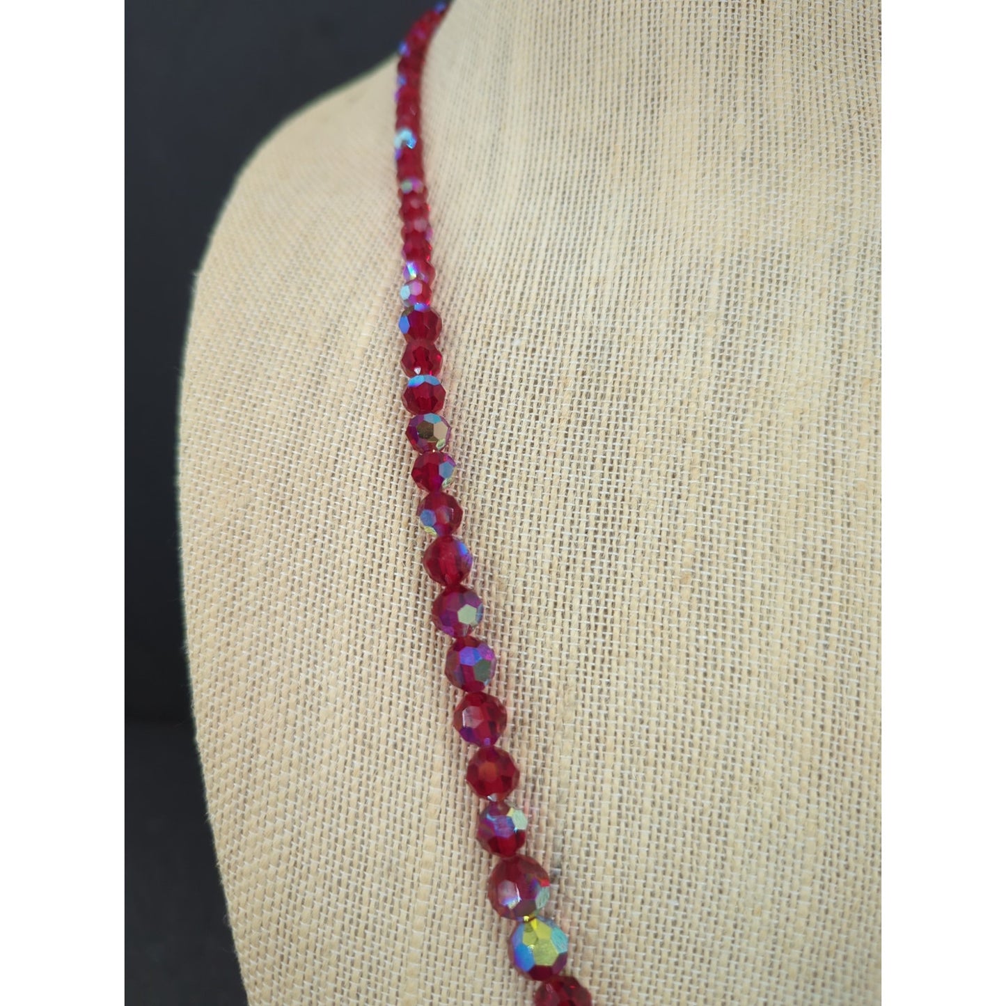 Vintage Red Aurora Borealis Crystal Beaded Strand Necklace Mid-Century Glam