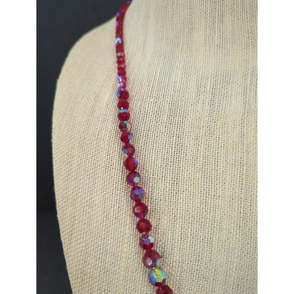 Vintage Red Aurora Borealis Crystal Beaded Strand Necklace Mid-Century Glam