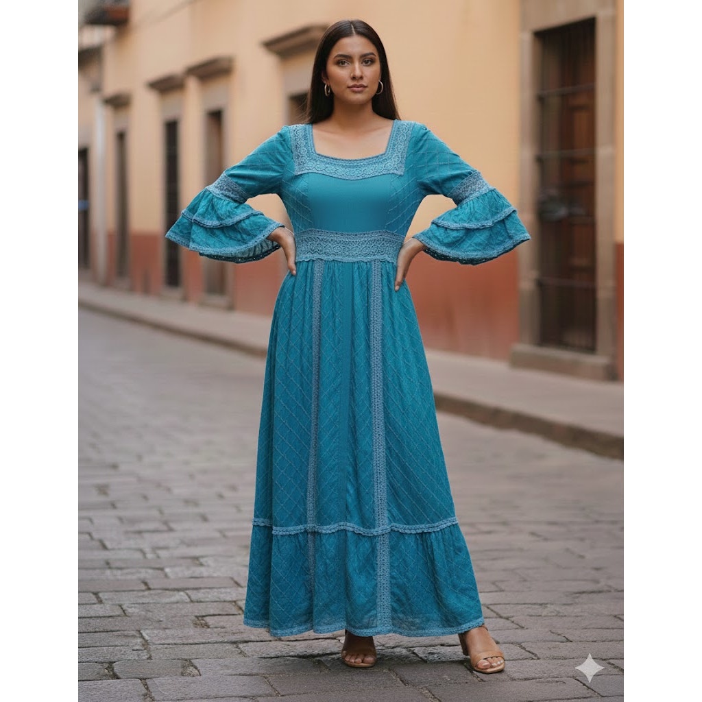 Vintage BOHO Teal Blue dress Maxi dress /Shawl Mexican Wedding Pintuck 2 pc Set