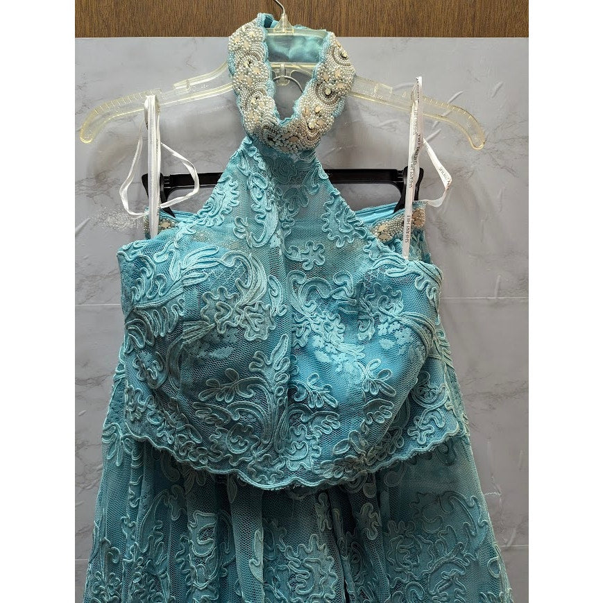 Sherri Hill 2 pc. halter top w/ maxi skirt teal aqua pearls 51020 Top 8 Skirt 0