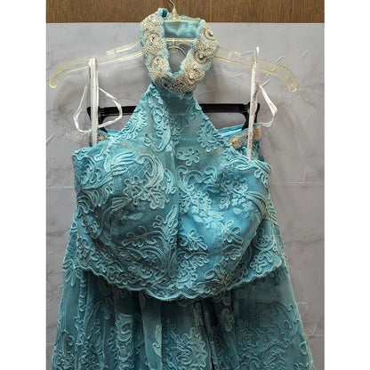Sherri Hill 2 pc. halter top w/ maxi skirt teal aqua pearls 51020 Top 8 Skirt 0