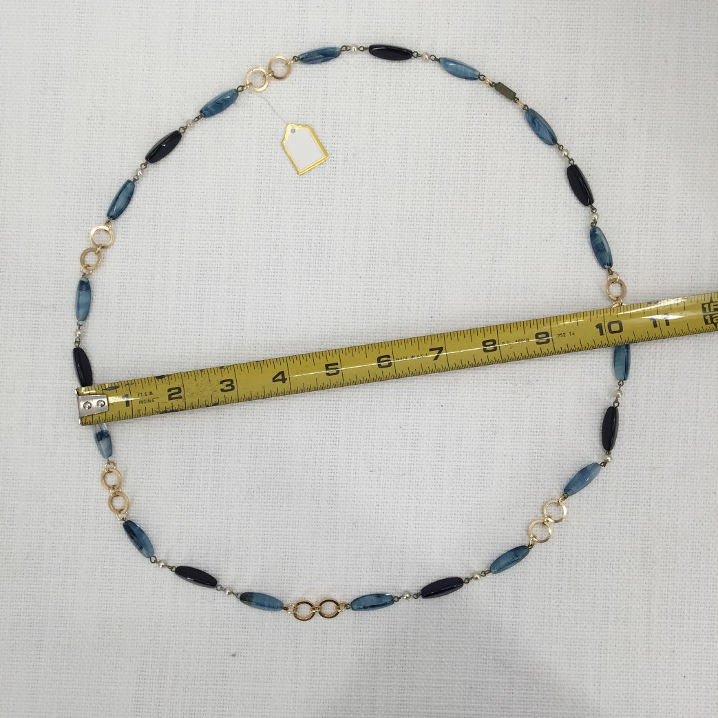Vintage Necklace Single Strand Blue & Black Glass Oblong Beads Faux Pearl