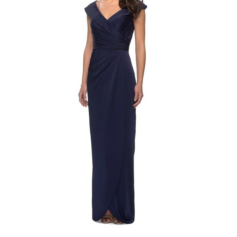 La Femme 25206 Wrap V-Neck Side Slit Maxi Dress Sleeveless Navy Blue Size 4