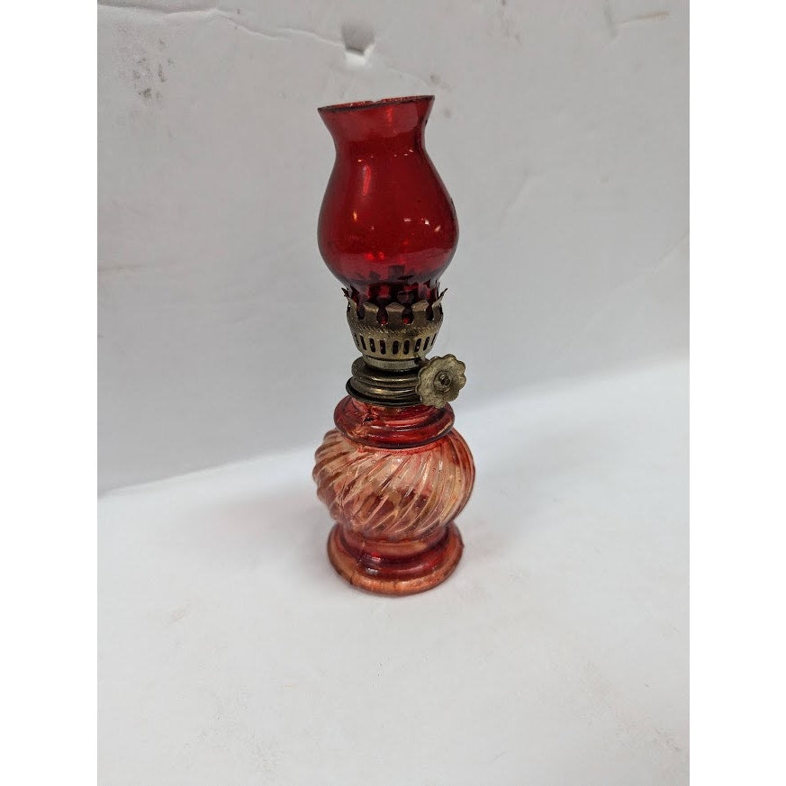 Vintage GLASS miniature oil hurricane lamp textured 1960s Flash painted Red