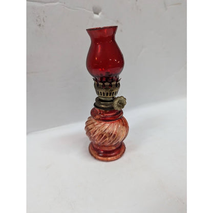 Vintage GLASS miniature oil hurricane lamp textured 1960s Flash painted Red