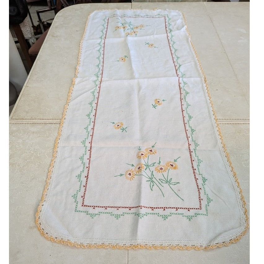 Vintage hand embroidered table runner with hand stiched edge Daisies Flowers