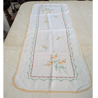 Vintage hand embroidered table runner with hand stiched edge Daisies Flowers