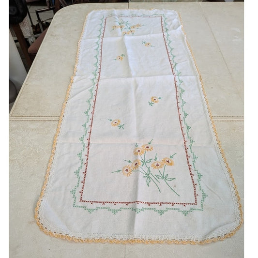 Vintage hand embroidered table runner with hand stiched edge Daisies Flowers