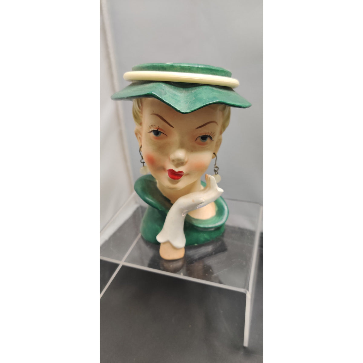 Vintage 1950s Damaged Napco Blonde Lady Head Vase Planter Green Hat Kitsch