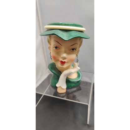 Vintage 1950s Damaged Napco Blonde Lady Head Vase Planter Green Hat Kitsch
