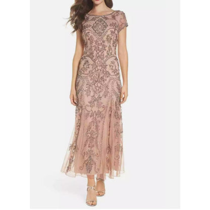 Pisarro Nights Blush Pink Sequined Beaded Gown Short Sleeve Size 2 or XS Formal