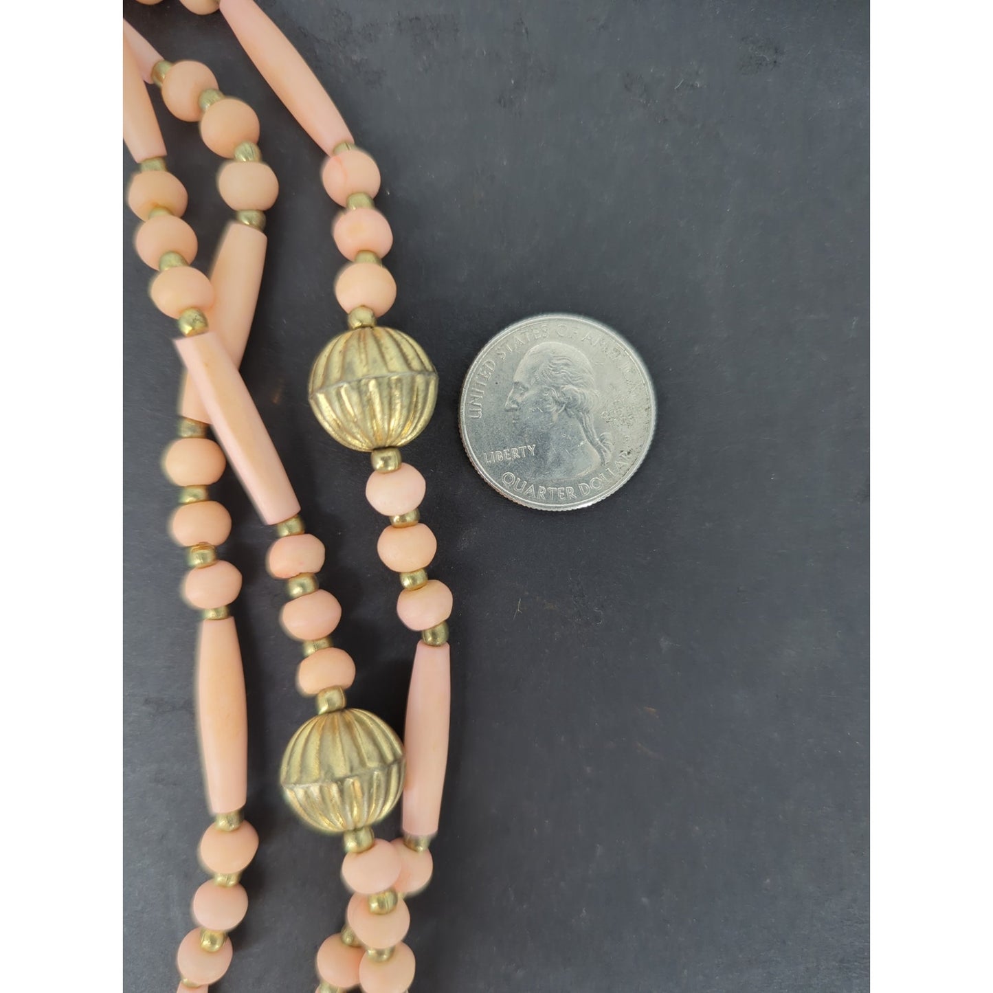 Vintage Multi Strand Peach & Gold Bead Necklace Mid-Century Boho Chic