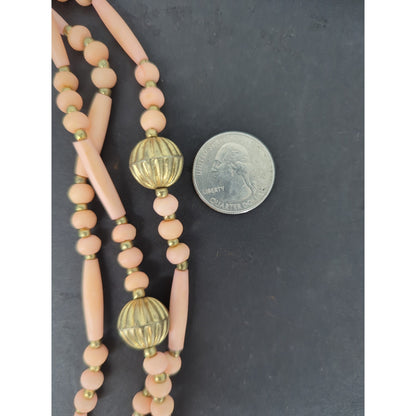 Vintage Multi Strand Peach & Gold Bead Necklace Mid-Century Boho Chic