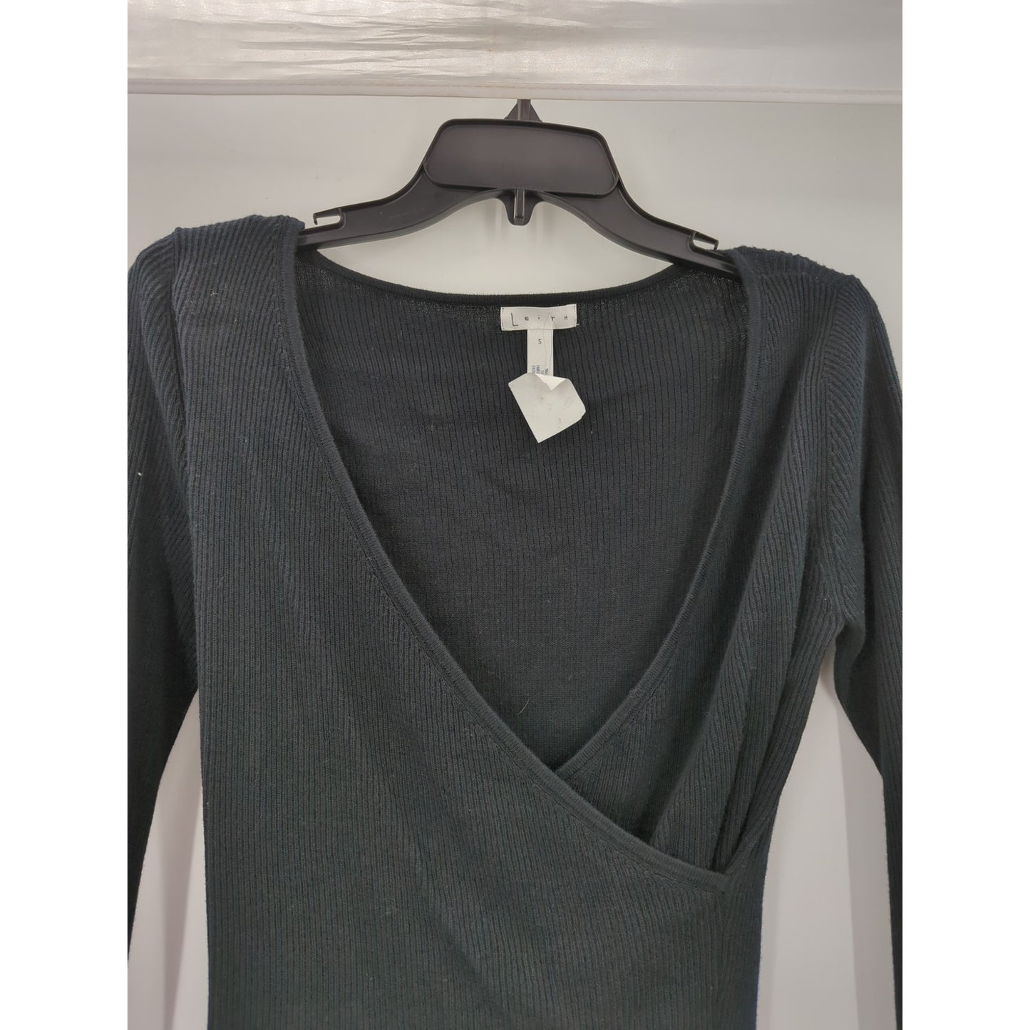 Leith Women's Black Ribbed Knit Faux Wrap Long-Sleeve Top Small