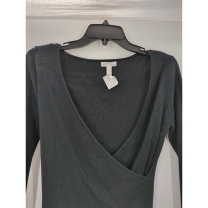 Leith Women's Black Ribbed Knit Faux Wrap Long-Sleeve Top Small