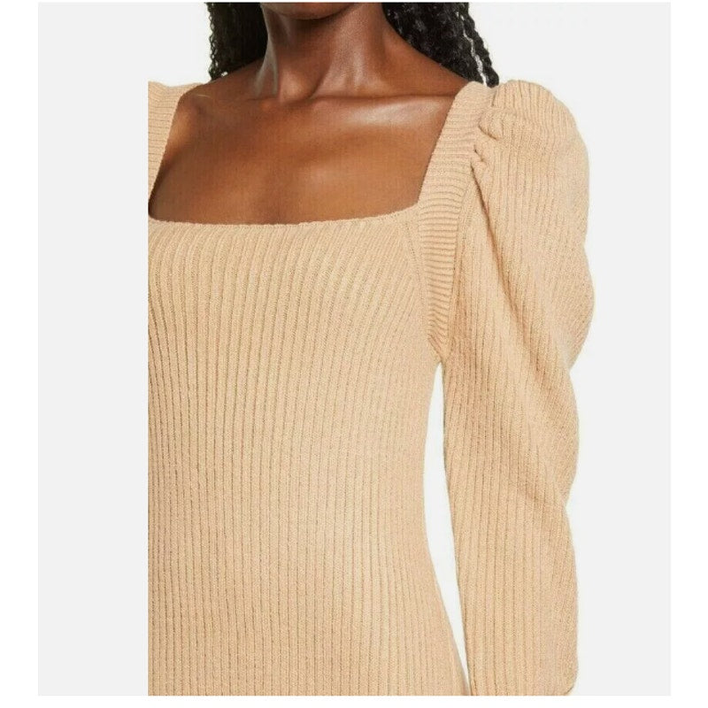 WAYF Leland Long Sleeve Tie Back Sheath Sweater Dress In Camel Medium Winter NEW
