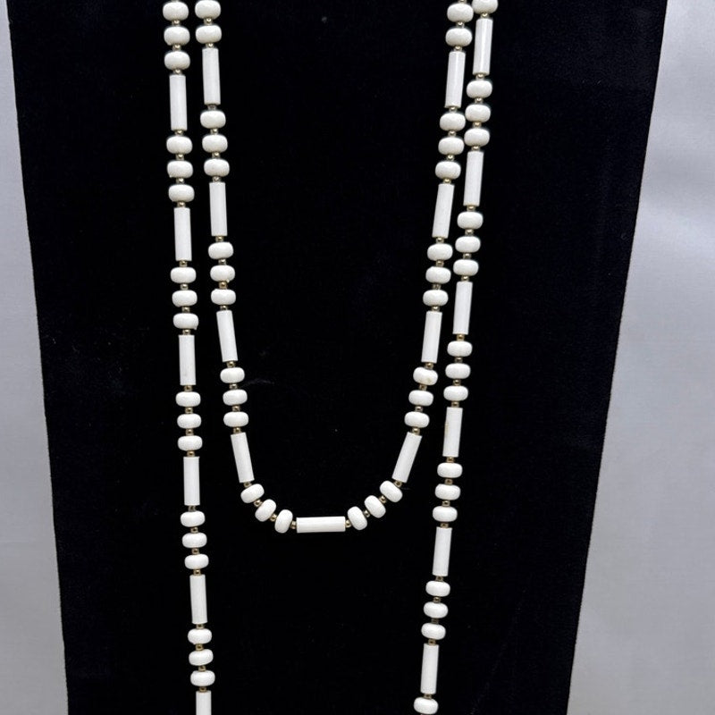 Natural White Lucite Seed Bead Sautoir Length Statement Necklace Large 50"