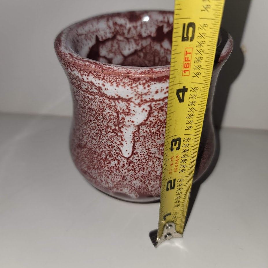 Handmade Art Pottery Vase handleless cup mug Clay Red White Dripware Signed Amy