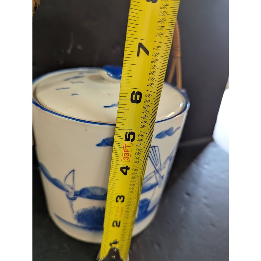 Vtg Hand Painted Biscuit / Cookie tea  Jar Wicker Handle Lid Japan Blue Canister