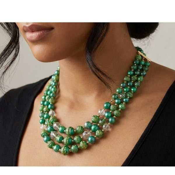 Vintage Japan Green sugar bead Art Glass 3 Strand Necklace MCM Emerald 1950 Glam