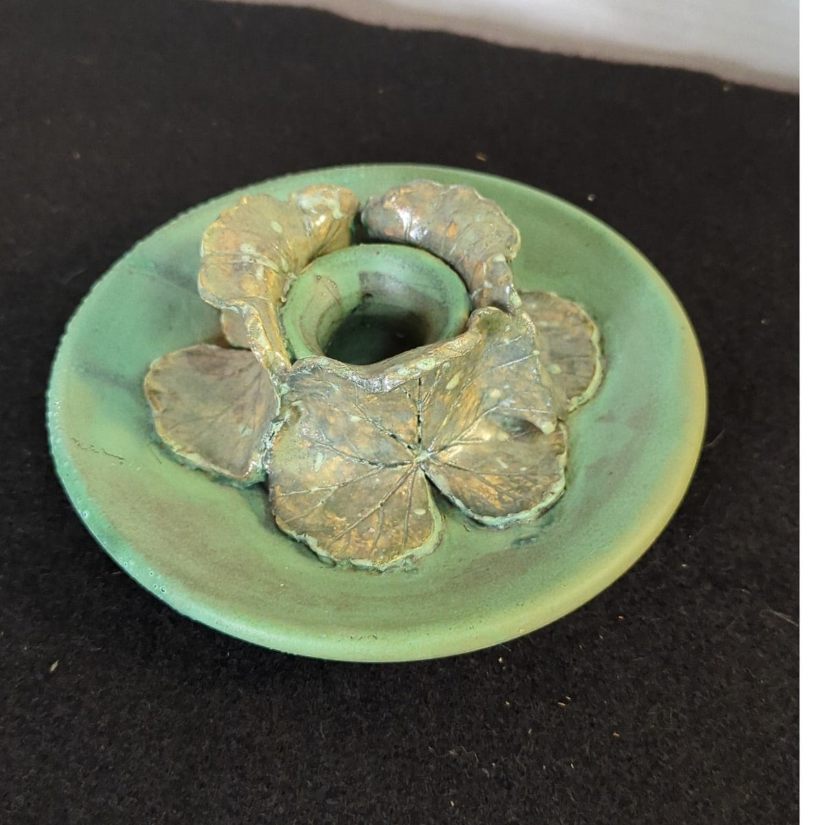 Art Pottery studio signed Elaine candle holder Green Leaf Design Natural
