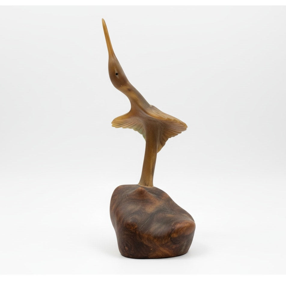 MCM Wooden Sculpture Falfer Spain 1960's Burl Wood / Horn Organic Crane Heron
