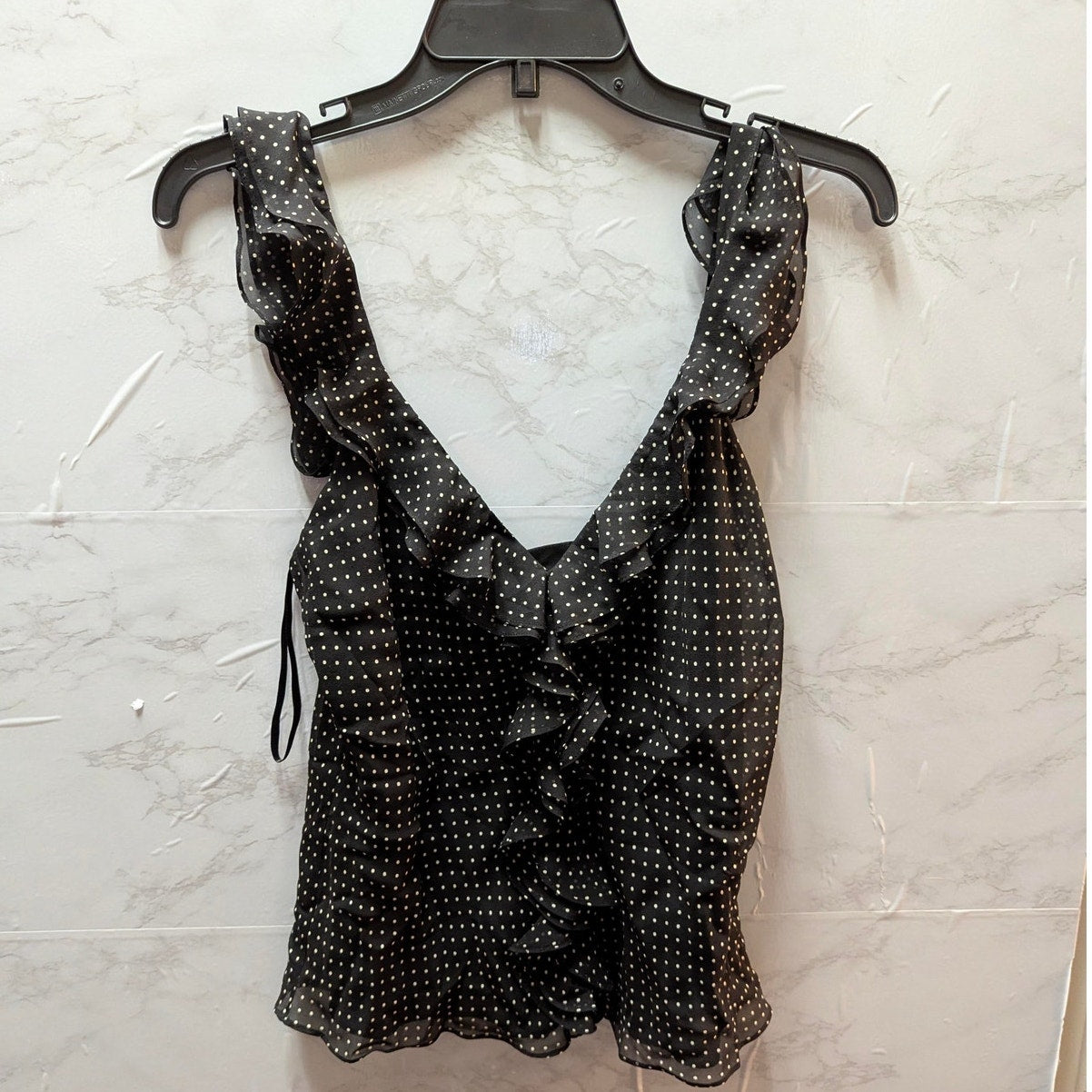 Lauren Ralph Lauren Black Polka Dot 100% Silk Ruffle V-Neck Camisole Blouse 8