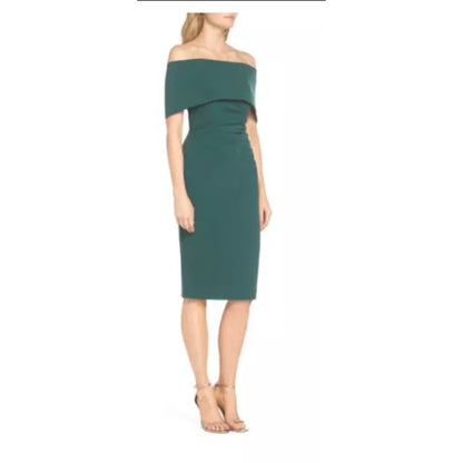 VINCE CAMUTO Cocktail wedding OFF THE SHOULDER POPOVER RUCHED GREEN DRESS sz 16