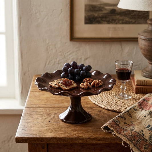 Brown Ceramic Pedestal Candy Dish Scalloped Ruffled trinket tidbit Cake Stand