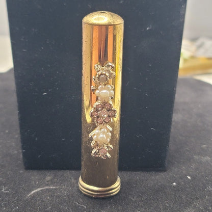 Vintage Rhinestone Faux Pearl Gold Tone Retractable Travel Toothbrush Case