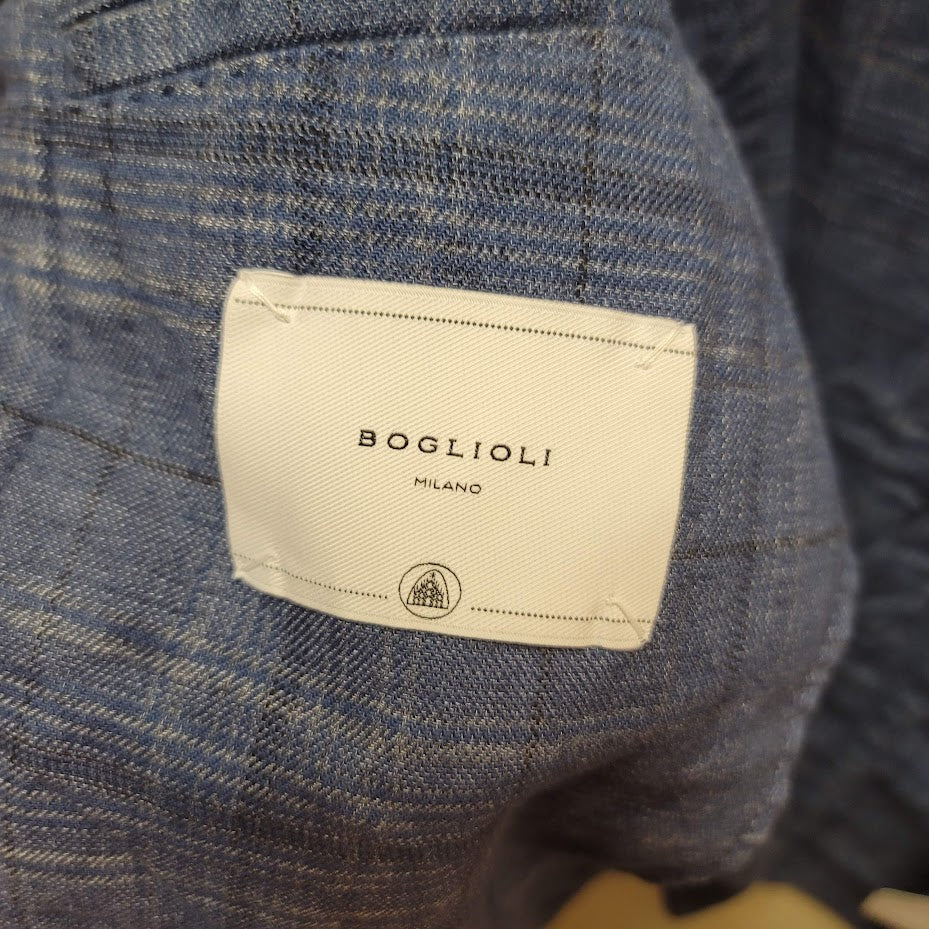 BOGLIOLI Italian Light Linen Jacket Blue Plaid Casual Summer EU50 Men's Large