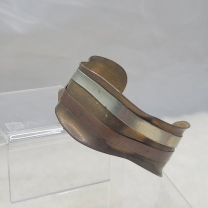 Vintage Brutalist Mixed Metal Ripple Cuff Bracelet Brass Copper Silver Tone