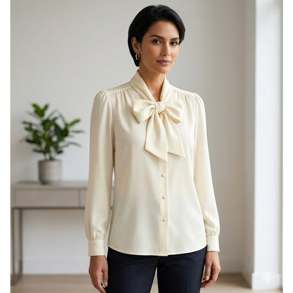 Vintage J.G. Hook Cream Blouse Bow Neck Long Sleeve Preppy Light Academia 10
