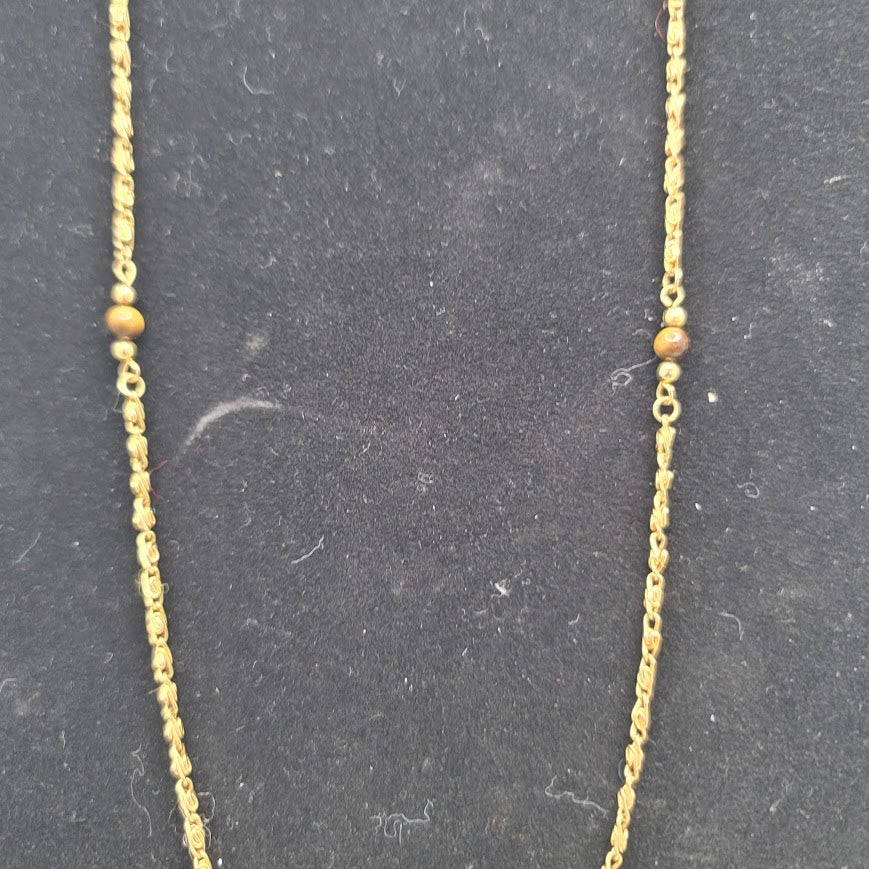 Vintage Gold Tone Link Necklace with Beaded Tiger Eye Accents Mid-Century