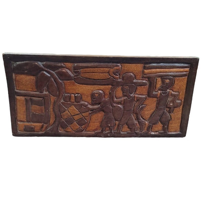 Handcrafted Market Village Vintage Wall Plaque Triptych Wall Mural Wood Carved