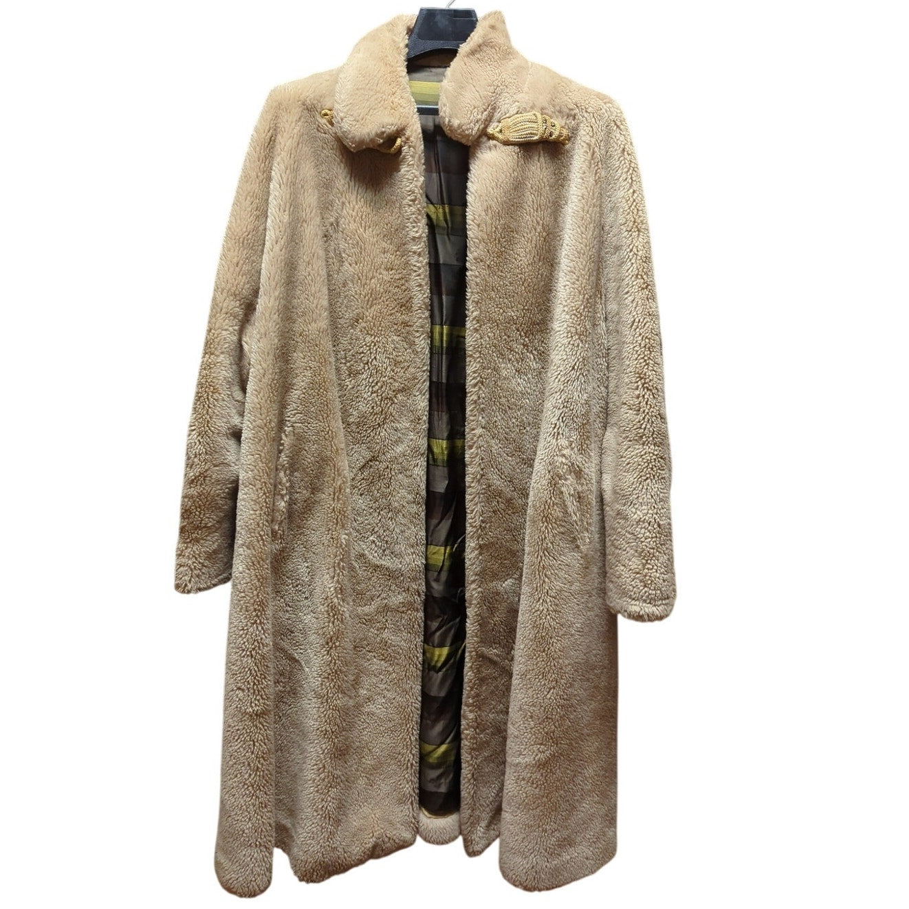 Vintage Camel Tan Faux Fur Midi Coat XL Open Front