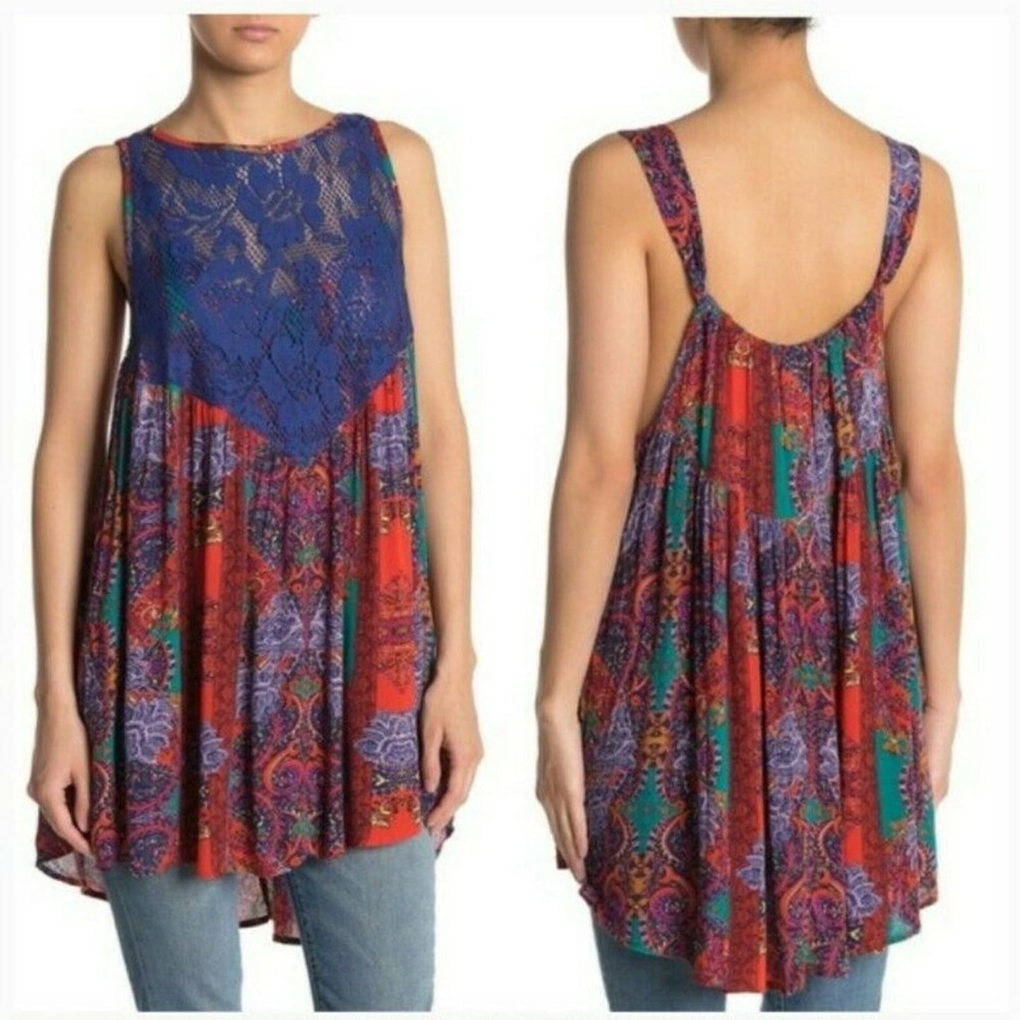 NWT Free People Count Me in Trapeze Tunic Top Medium NWT $88 Swing Hot Red Combo