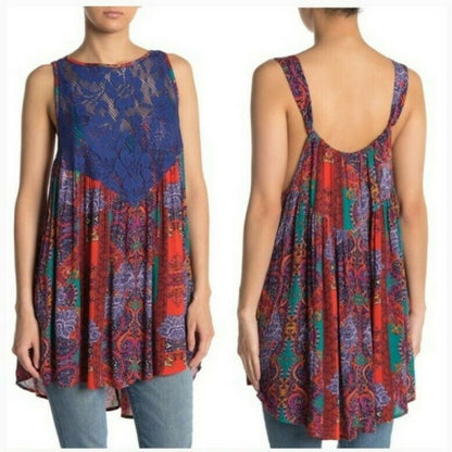NWT Free People Count Me in Trapeze Tunic Top Medium NWT $88 Swing Hot Red Combo