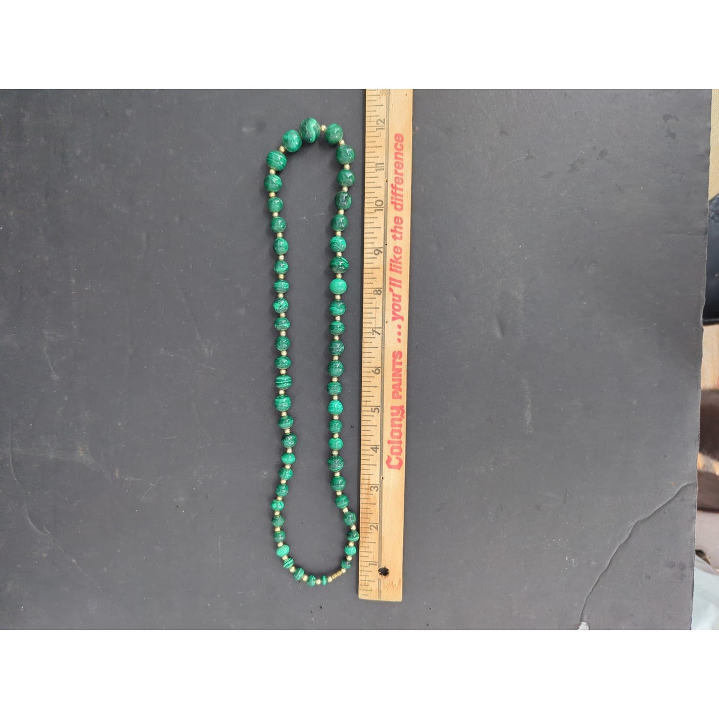 Vintage Green Malachite Style Beaded Strand Necklace Gold Accent Jewelry