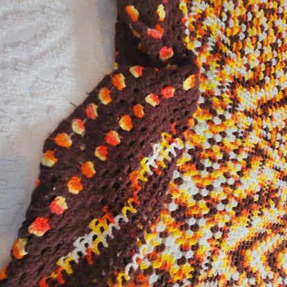 Handmade crocheted 70s coverlet yellow brown white orange Queen / Full blanket