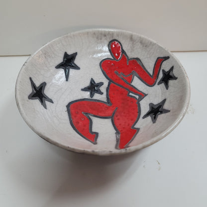 Art pottery female nude red surrounded by stars signed MAB wall decor bowl red
