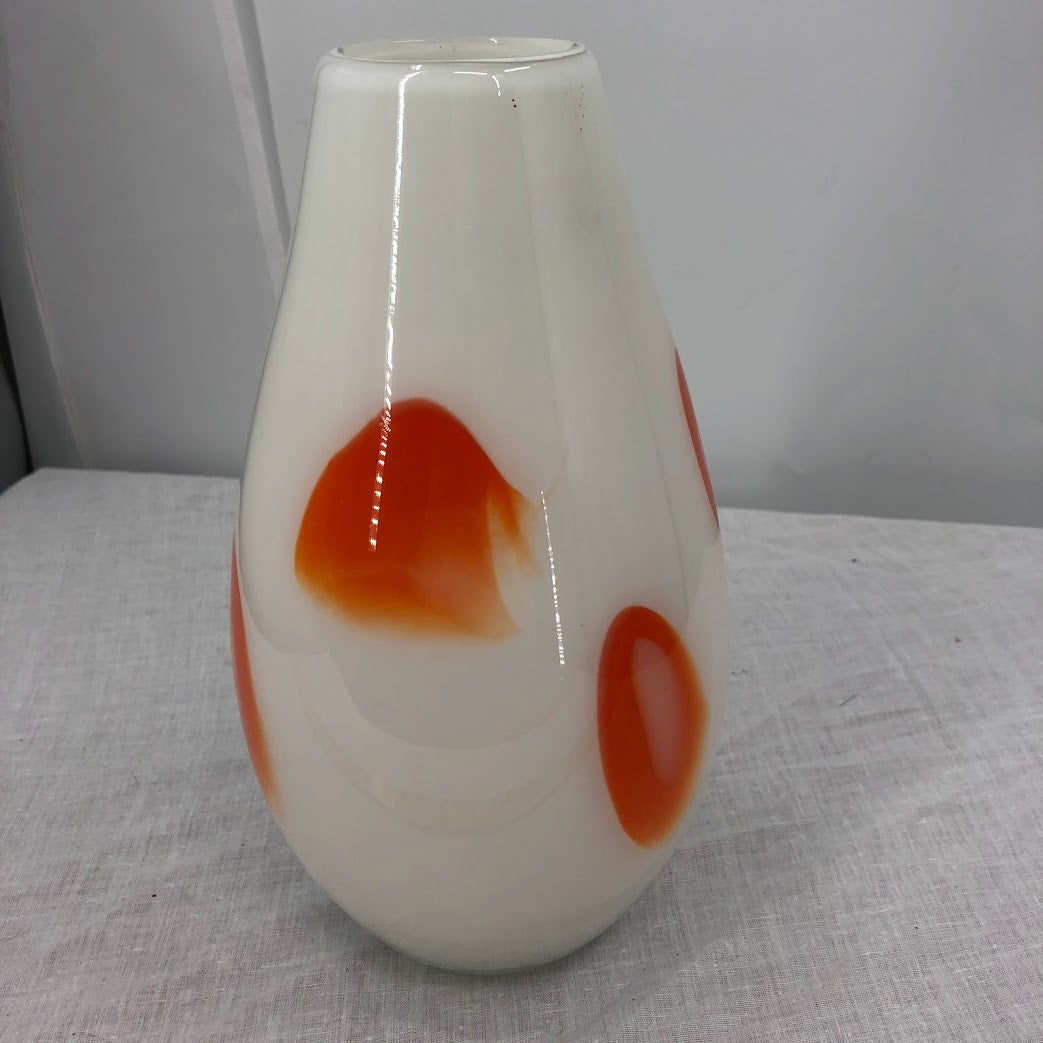 Murano Glass Vase Handblown orange patches white table bulb MCM design 9" glass