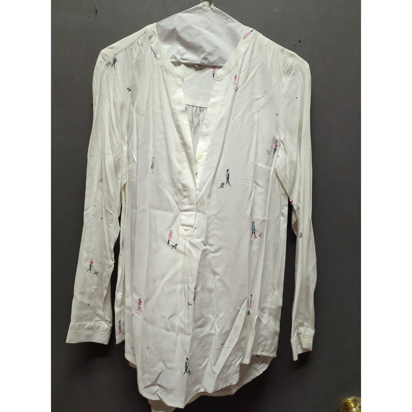 Joules White Painted Dog Walker Tunic Blouse Size 4 Funky Long Sleeve Deep Vneck