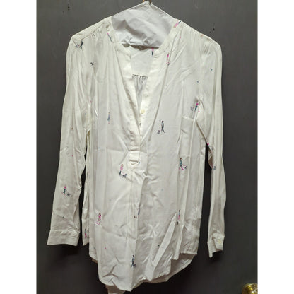 Joules White Painted Dog Walker Tunic Blouse Size 4 Funky Long Sleeve Deep Vneck