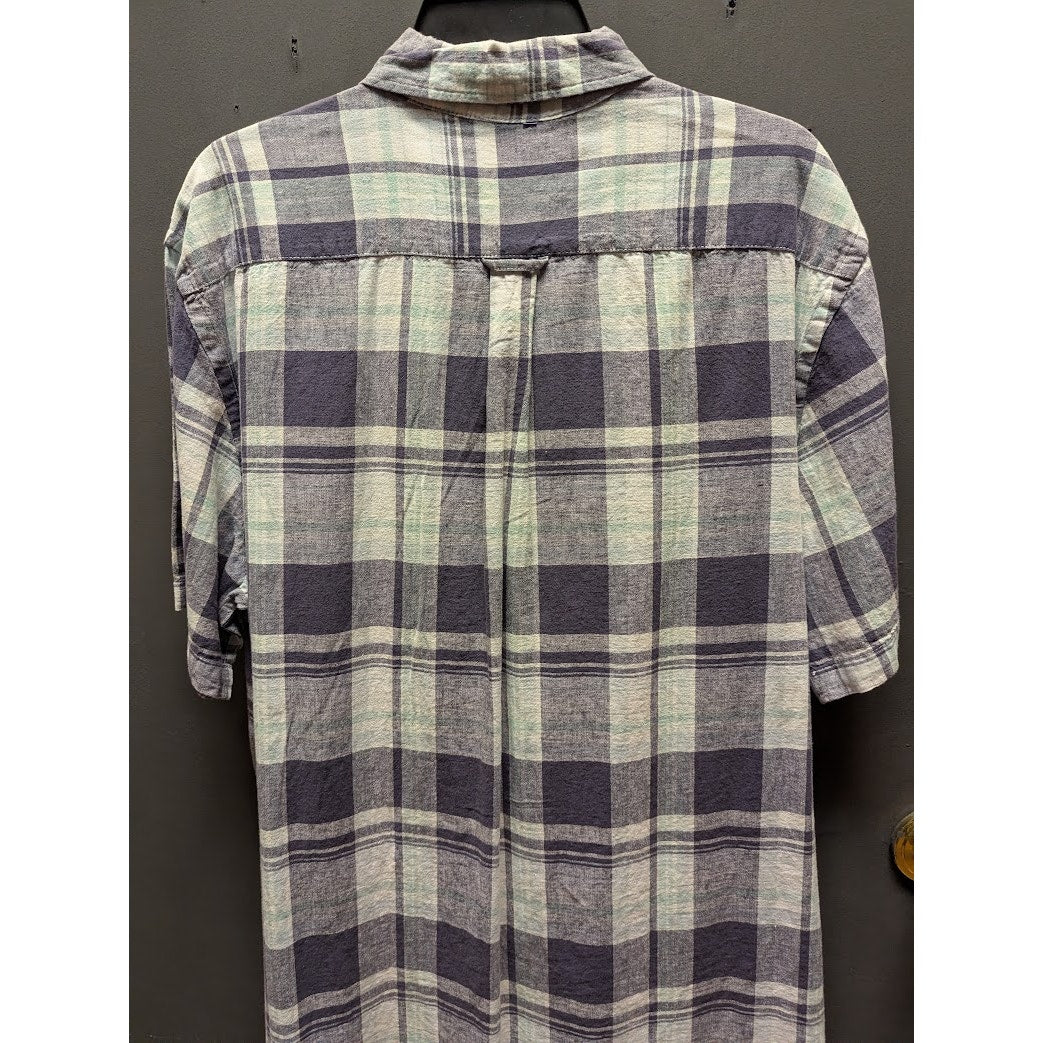 Joe Fresh blue white plaid short sleeve button down shirt Large NEW linen blend