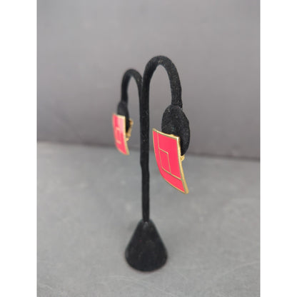 Vintage Pink Red Enamel Square Clip On Earrings Gold Tone Geometric Retro 1980s