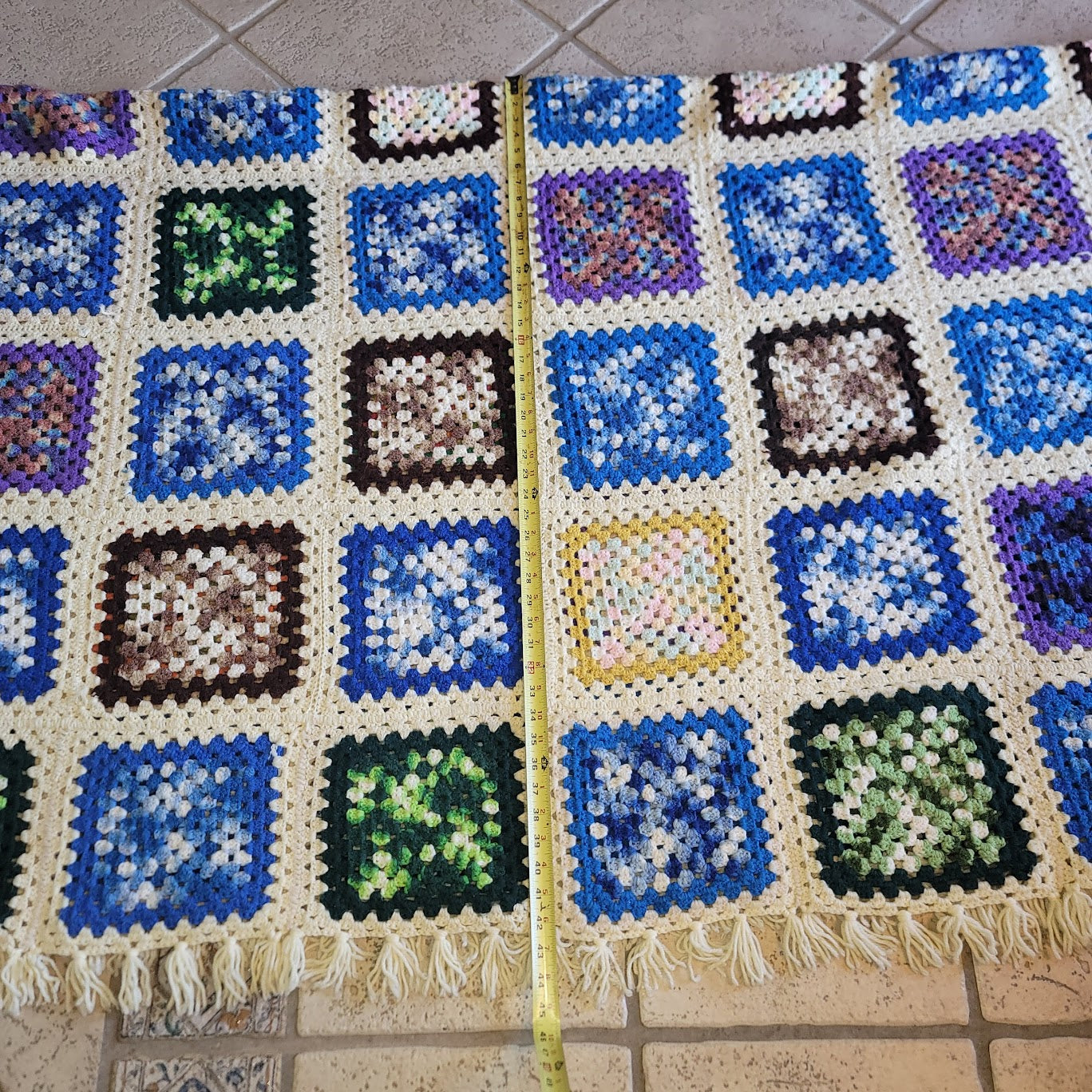 Colorblock Handmade AFGHAN fringe edge Blue Black Creram White Granny Square